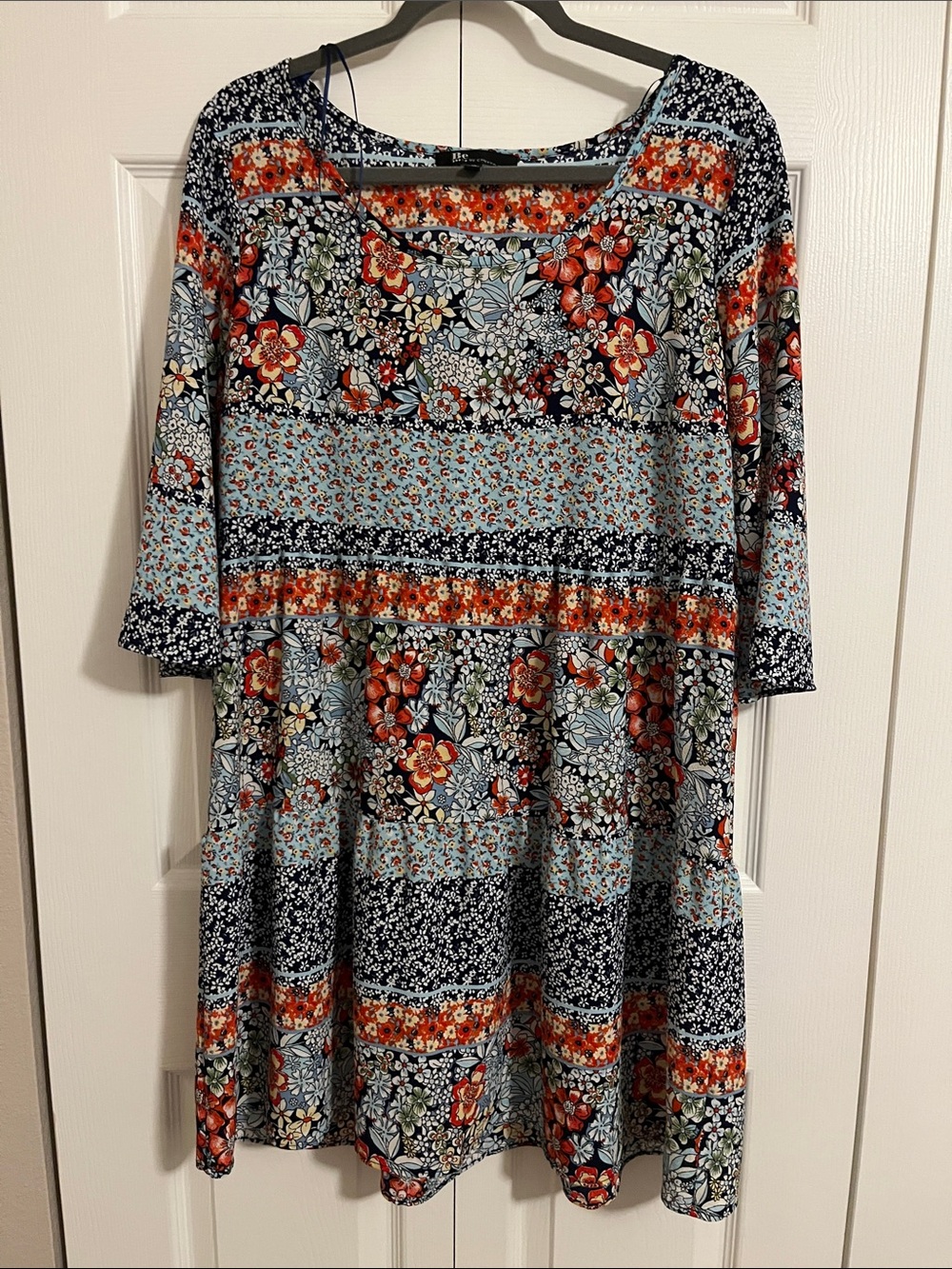 Floral Patchwork Scoop Neck Dress - Blue & Orange